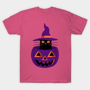 Witchy cat and pumpkin- purple T-Shirt